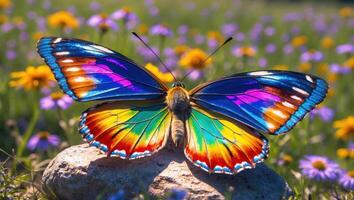 Colorful Butterfly Resting on Rock Surrounded by Wildflowers in Meadow photo