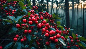 Red Berries in Forest Bush Close-up with Misty Tree Background photo