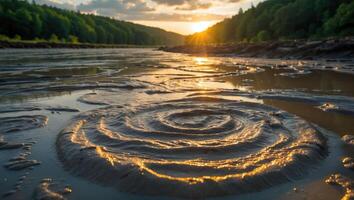 Mud Ripple Pattern on Shoreline at Sunset with Forest Backdrop photo