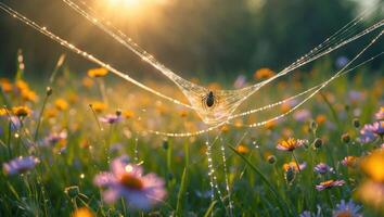Spider Resting on Web in Field of Flowers with Morning Dew photo