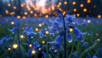 Bluebell Flowers with Droplets Glowing Light in Forest Meadow photo