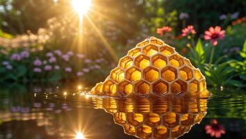 Honeycomb Floating on Water at Sunset with a Floral Background photo