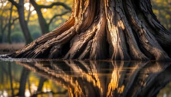 Tree Trunk Standing in Water with Golden Reflections in Forest photo