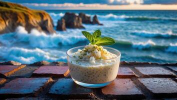 Tapioca Pudding Dessert with Mint by Ocean View at Sunset photo