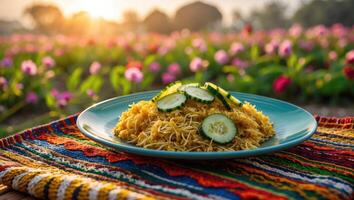 Rice Noodles and Cucumber Slices on Colorful Tablecloth in Garden Setting photo