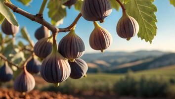 Ripe Figs Hanging on Tree Branch with Rolling Hills Backdrop photo
