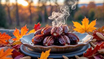 Serving Dates and Pecan Nuts on Plate with Autumn Leaves photo