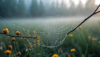 Spiderweb with Dew Drops in Meadow at Dawn Natural Macro photo