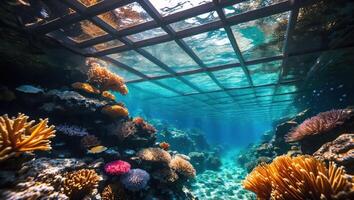 Underwater Coral Reef Aquarium View with Glass Ceiling and Light photo