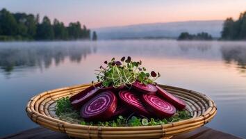 Sliced Beetroot with Sprouts on Wicker Tray by Misty Lake photo