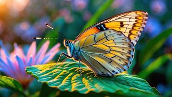 Butterfly Resting on Leaf with Soft Sunlight and Floral Background photo