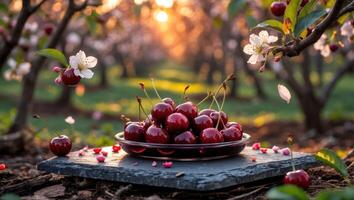 Cherries on Plate in Orchard at Sunset with Blossoms Around photo