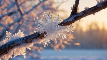 Snowflake on Branch Sparkling in Winter Sunlight Macro Shot photo
