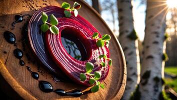 Beetroot Ring with Sprouts on Wooden Plate in Sunlight photo