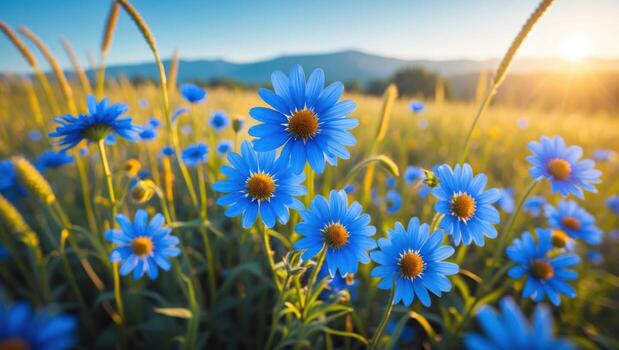Blue Flowers Blooming in Meadow at Sunrise with Mountain