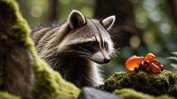 Raccoon Examining Fruit in Forest Clearing Mossy Setting photo