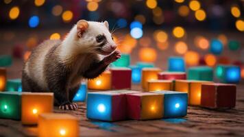 Ferret Standing with Illuminated Decorative Blocks photo