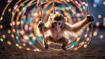 Monkey Swinging with Bokeh Lights Background photo
