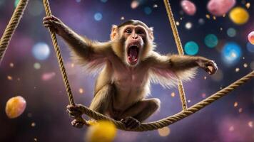 Monkey Swinging on Rope Screaming in Celebration photo