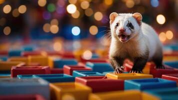 Ferret Standing on Colorful Blocks with Festive Lights photo