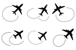 Set of Black Airplane Icons with Flight Paths vector