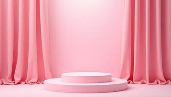 Pink Stage with Curtains and Podium for Product Display photo