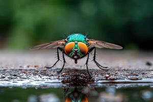 A fly with green eyes and orange wings sitting on the ground photo