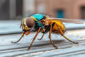 A fly with blue and yellow wings sitting on a wooden surface photo