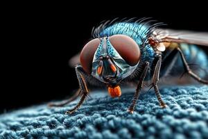A close up of a blue fly on a blue cloth photo