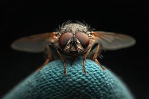 A fly is sitting on top of a blue glove photo