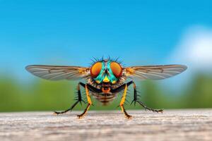 A fly with bright blue eyes and green wings photo