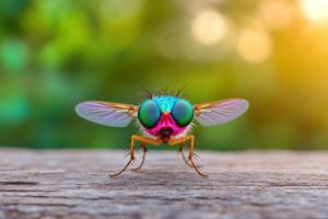 A fly with colorful wings and a bright blue face photo