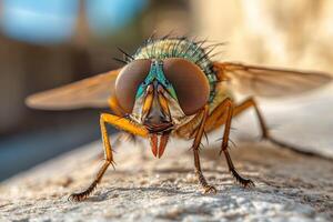 A fly with a big blue and green face photo
