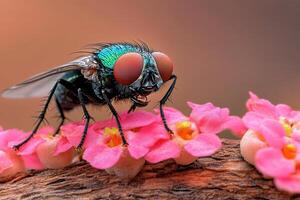 A fly with red eyes sitting on a pink flower photo