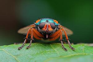 A fly with a colorful face sitting on a leaf photo