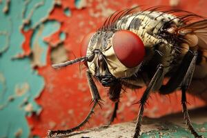 A fly with red eyes sitting on a wall photo