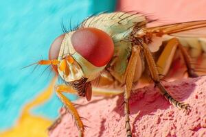 A fly with a red eye sitting on a wall photo