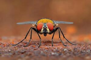 A fly with red eyes sitting on a brown surface photo