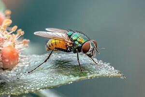 A fly with green and blue wings sitting on a leaf photo