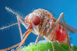Mosquito on a leaf with water droplets photo