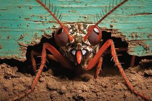 A close up of a bug with its head sticking out of the ground photo
