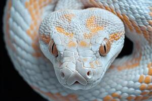 A close up of a white and orange snake photo