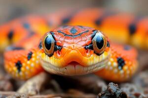A close up of an orange and black snake photo