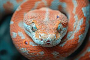 A close up of an orange snake with blue eyes photo