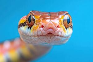A close up of a colorful snake's head photo