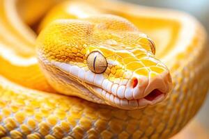 A yellow snake with its head up and its eyes open photo