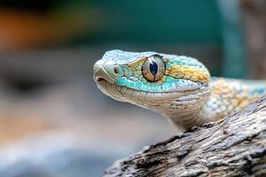 A close up of a snake with a blue and yellow face photo