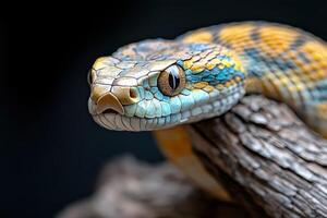 A close up of a snake with blue and yellow stripes photo