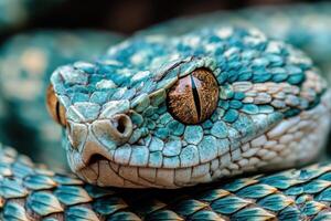A close up of a snake's head with its eyes open photo