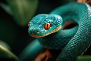 A close up of a green snake with bright red eyes photo